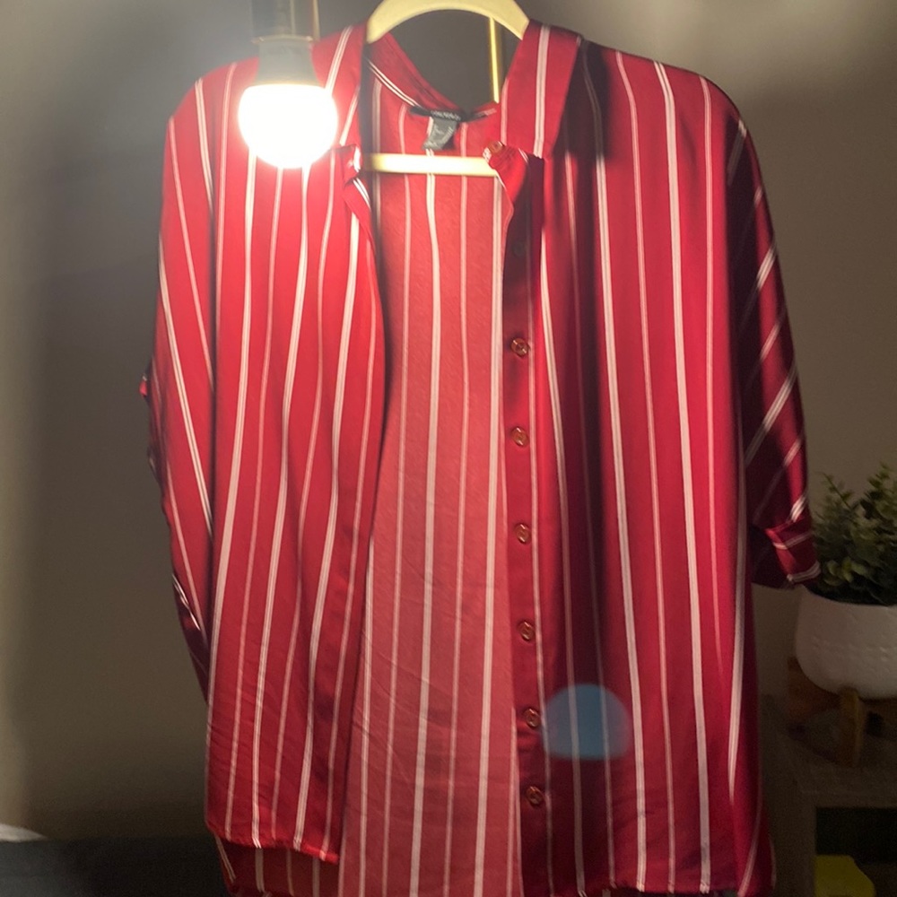 Red blouse white pin stripe button up blouse